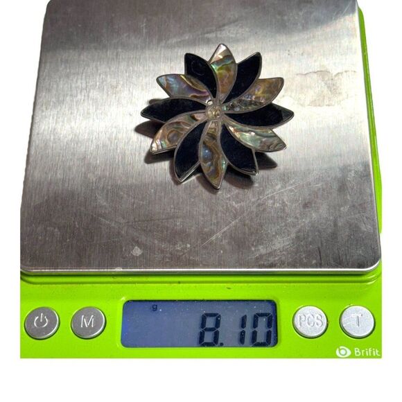 Vintage Sterling Pendant Taxco Starburst Abalone & Black Onyx Floral Pin Brooch - Picture 6 of 6